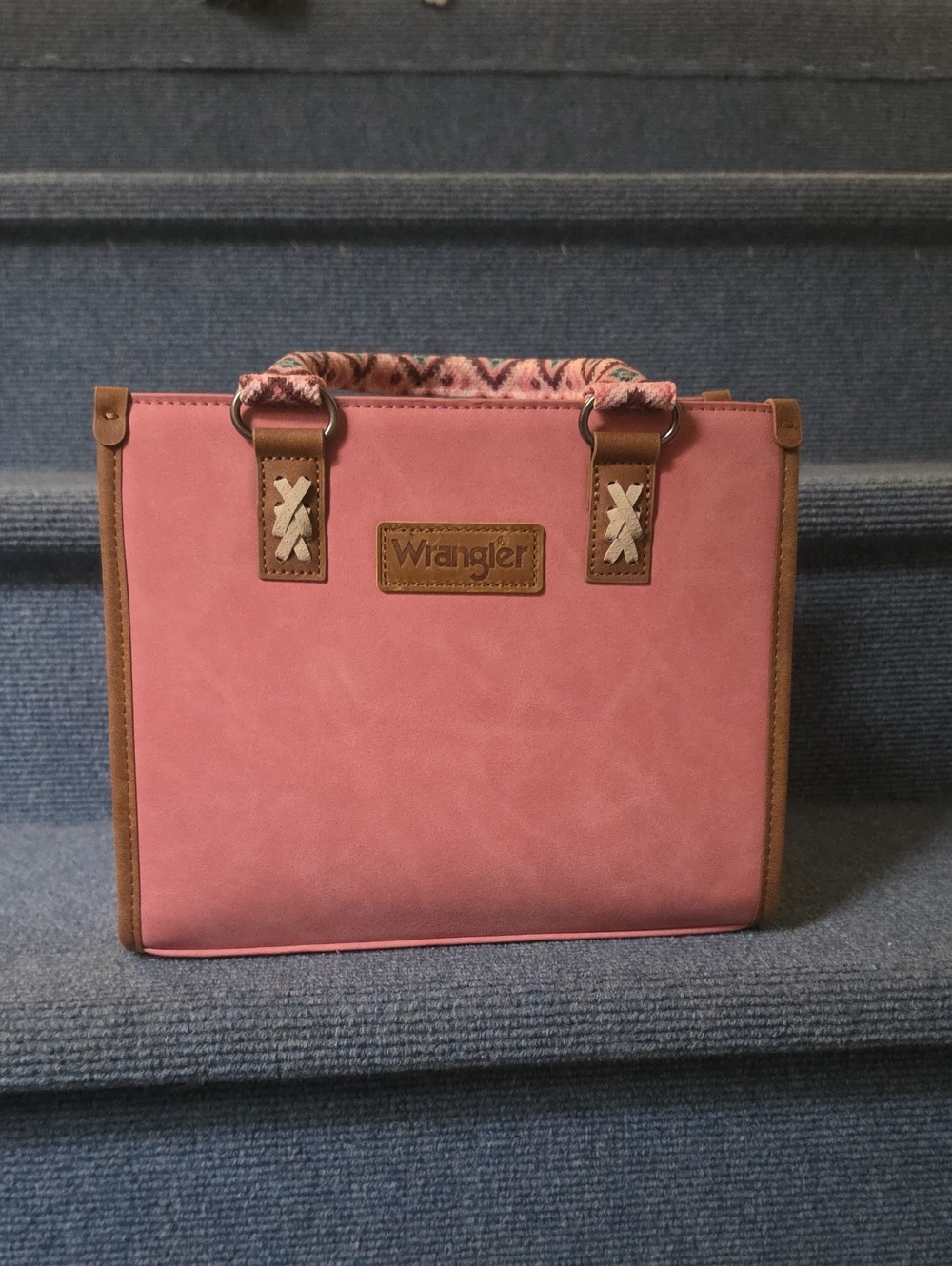 Wrangler Pink Crossbody Tote with Brown Trim